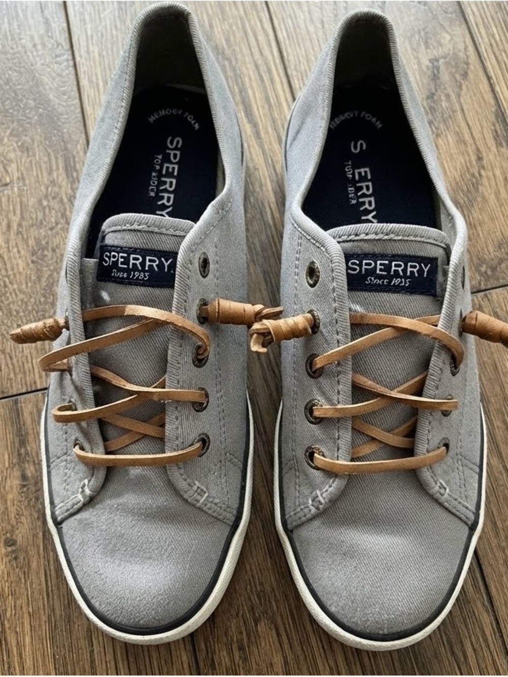 Sperry Women's Light Gray Canvas Boat Shoes with Tan Leather Laces